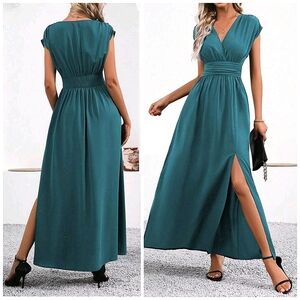 New Flowy Dolman Ruched Waist Split Maxi Dress Teal Blue Green